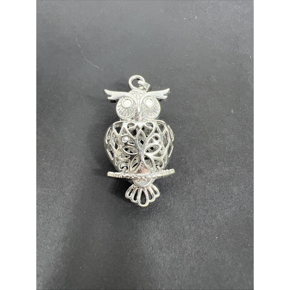 Silver Tone Make A Wish Domed Owl Locket Pendant with Filigree Hinged Belly